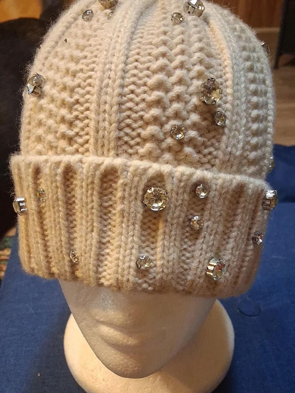 BCBGeneration Crystal Embellished Cream Knit Beanie NWOT
